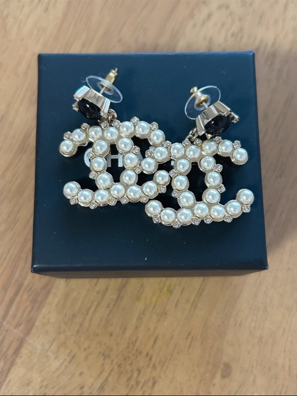 Authentic Chanel Pearl-Embellished Interlocking CC Drop Earrings